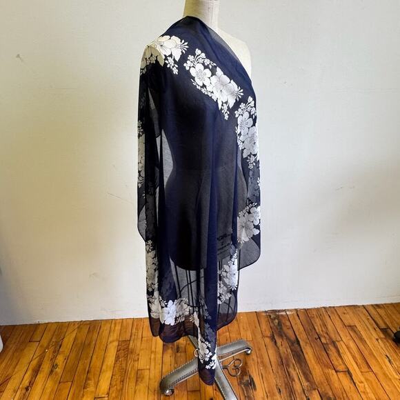 Japanese Yakut Navy Floral Silk Square Scarf - Picture 2 of 5